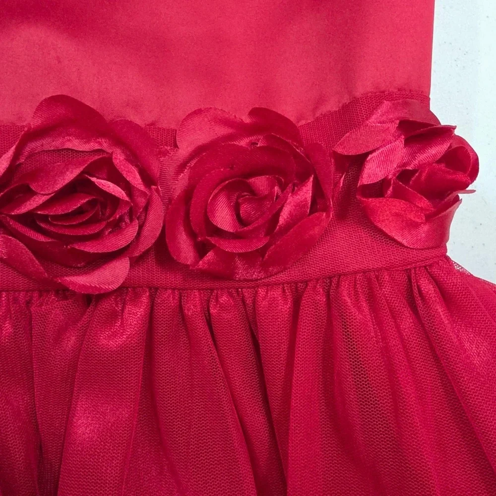 Bonnie Jean Girls Red Rosette Tiered Tulle Formal Party Dress Size 12 X44164-DV
